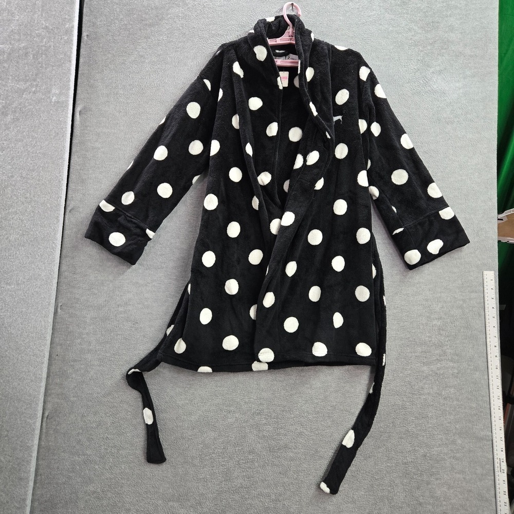PINK Women Sleepwear M/L Black Polka Dot Cozy‎ Robe Long Sleeve Logo NWT